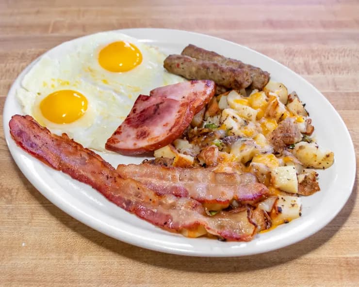 Big Meal — bacon, ham, sausage, eggs, hash browns at Nate’s Diner